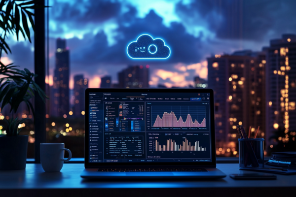 A laptop on a desk displays data analytics with graphs and charts on the screen. A glowing cloud icon hovers outside the window, overlooking a cityscape at dusk with illuminated buildings. A mug and stationery are on the desk.